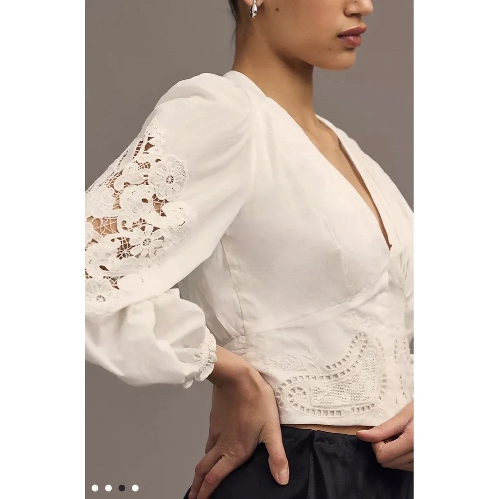 Farm Rio White Cotton Lace Long Sleeve Boho Crop Top XS